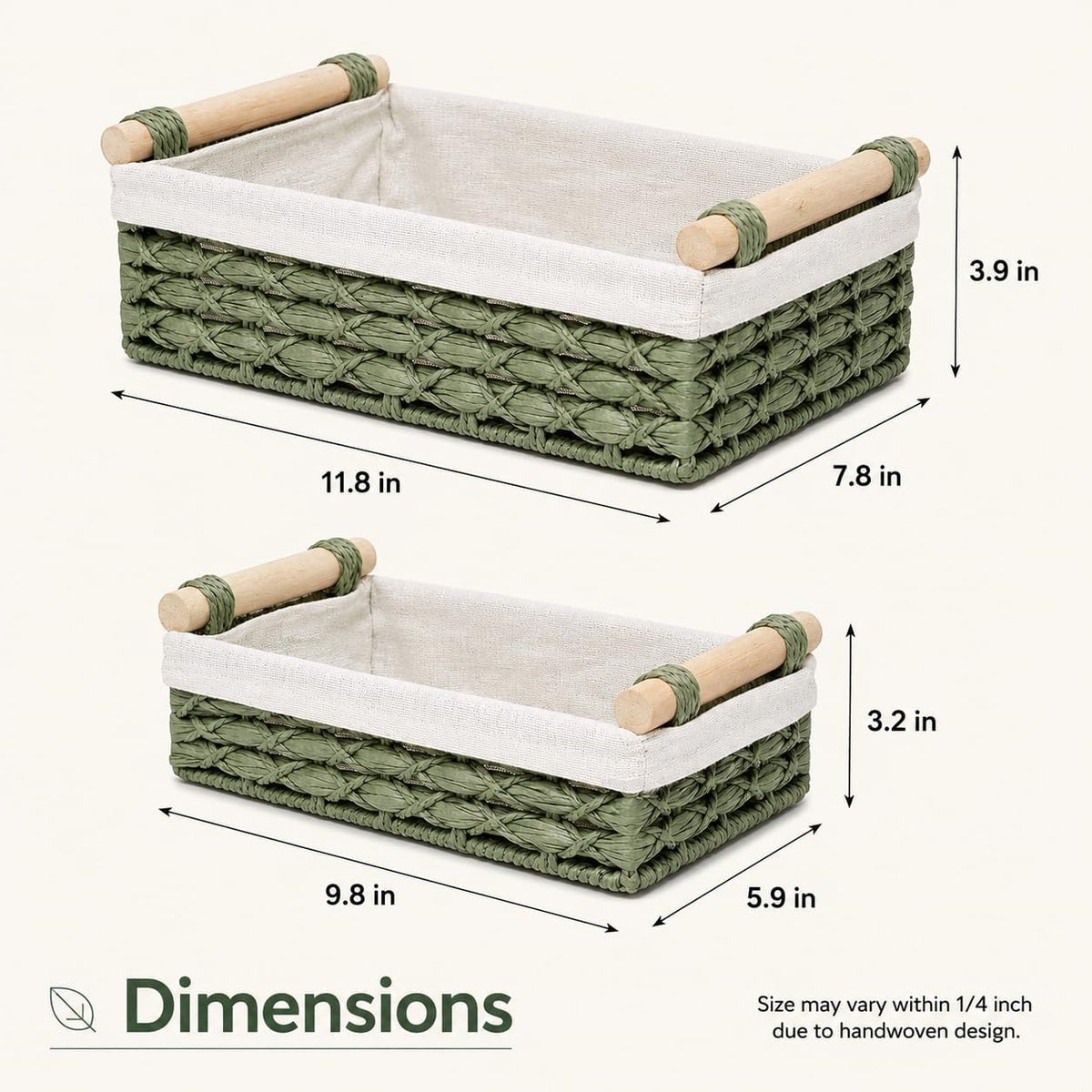 Sage Green Bathroom Baskets Set of 2, Paper Rope, Wood Handles
