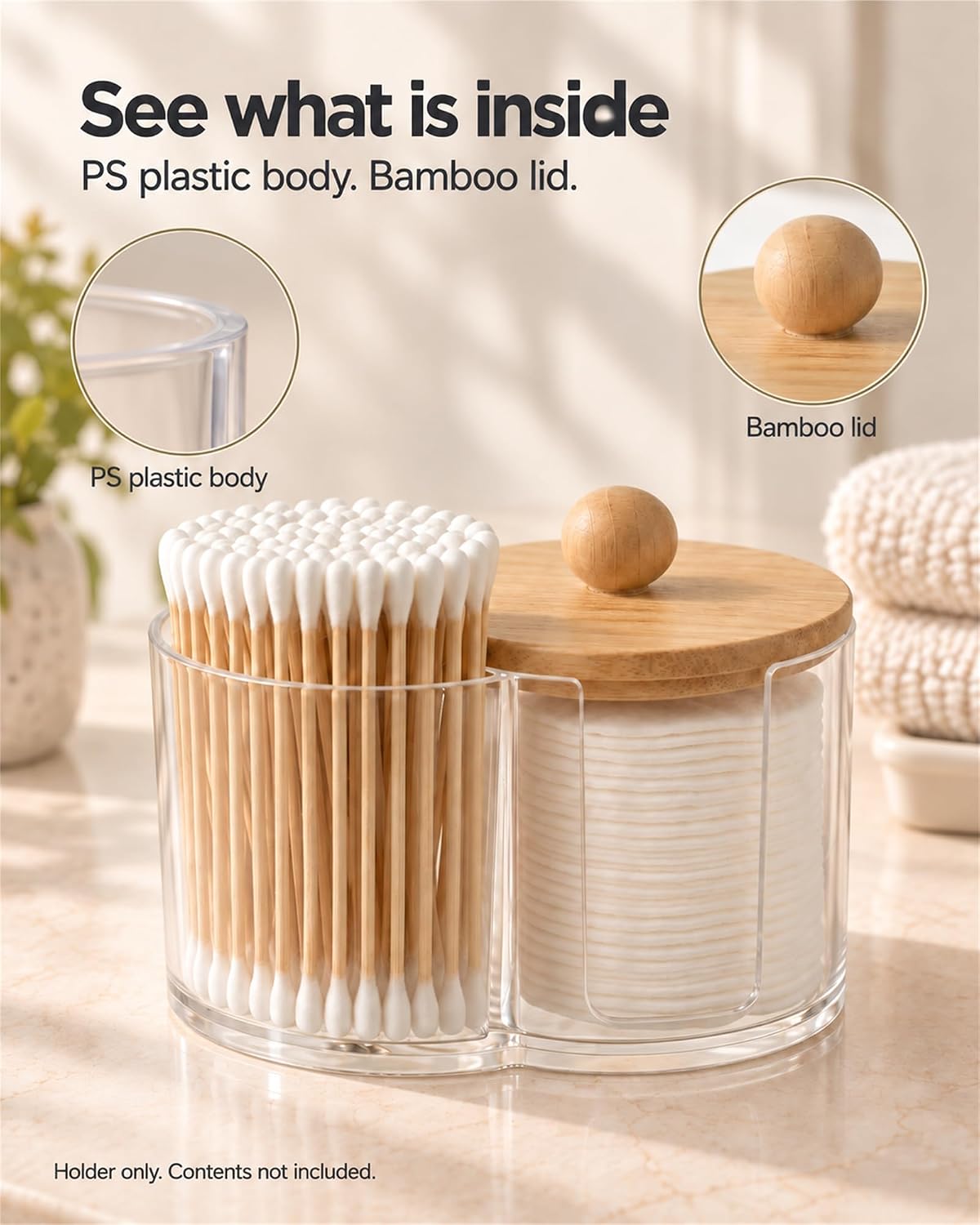 2-in-1 Cotton Swab and Cotton Round Holder with Bamboo Lid