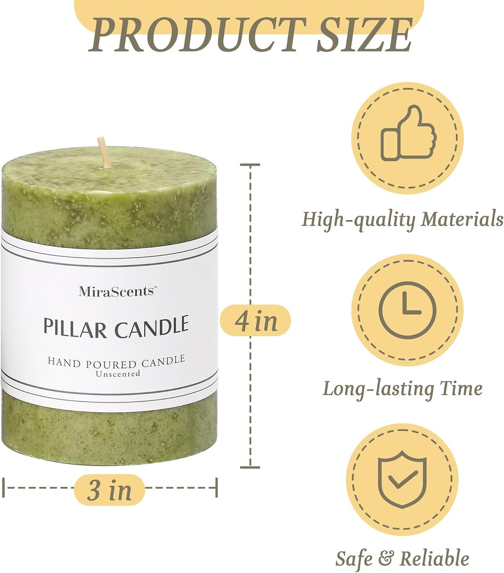 3x4 inch Green Pillar Candles Set of 3, Unscented Pillar Candle, Dripless and Smokeless Large Candles, Candle for Home Decor, Dinner Table,Weddings, Holidays (Pack of 3)