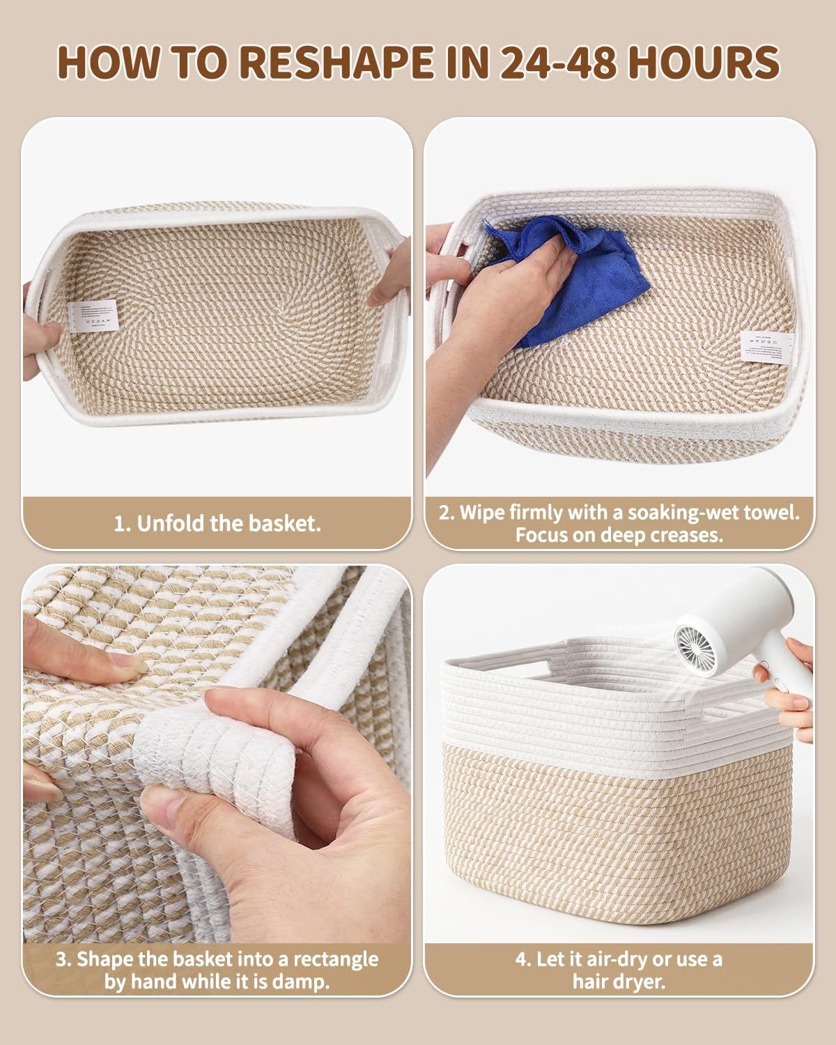 4 Large & 2 Small Woven Storage Basket for Organizing with Handles
