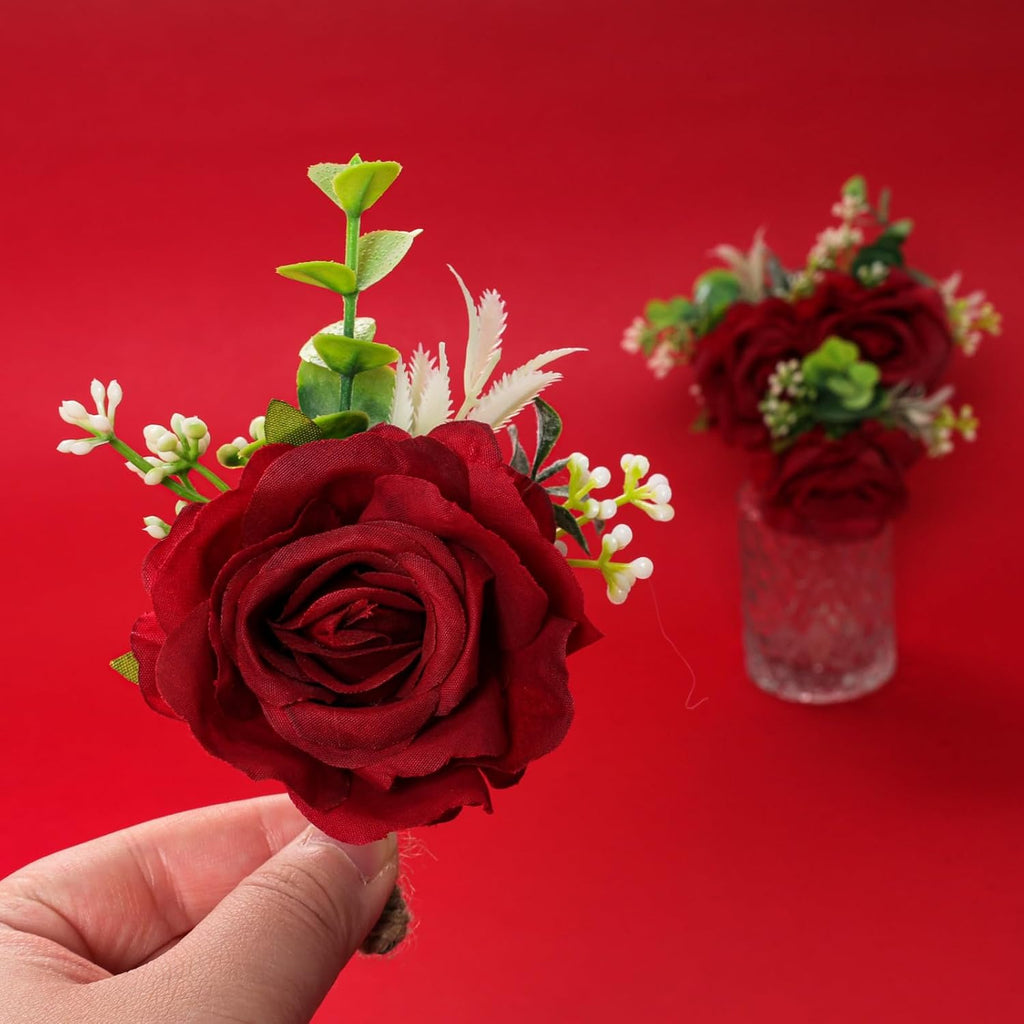 Gvhntk Ivory Rose Boutonniere for Men Wedding Set of 6 Groom Groomsmen Best Man Artificial Flowers Boutonniere for Wedding Ceremony Anniversary Prom Flowers Formal Dinner Party (6, Red, Middle)