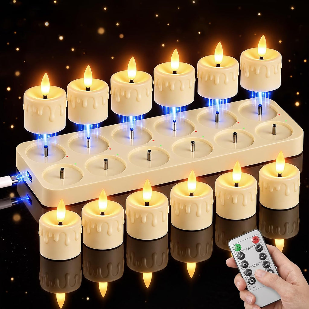 Kimjo Rechargeable Flameless Tea Lights Candles with Charging Base, 12 Pack