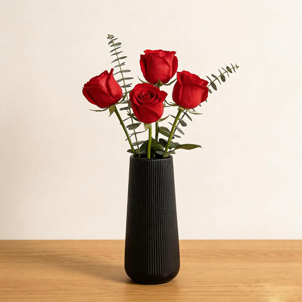 7.8''H Ceramic Vase, Pampas Grass Vase, Ribbed Modern Decor, Matte Black