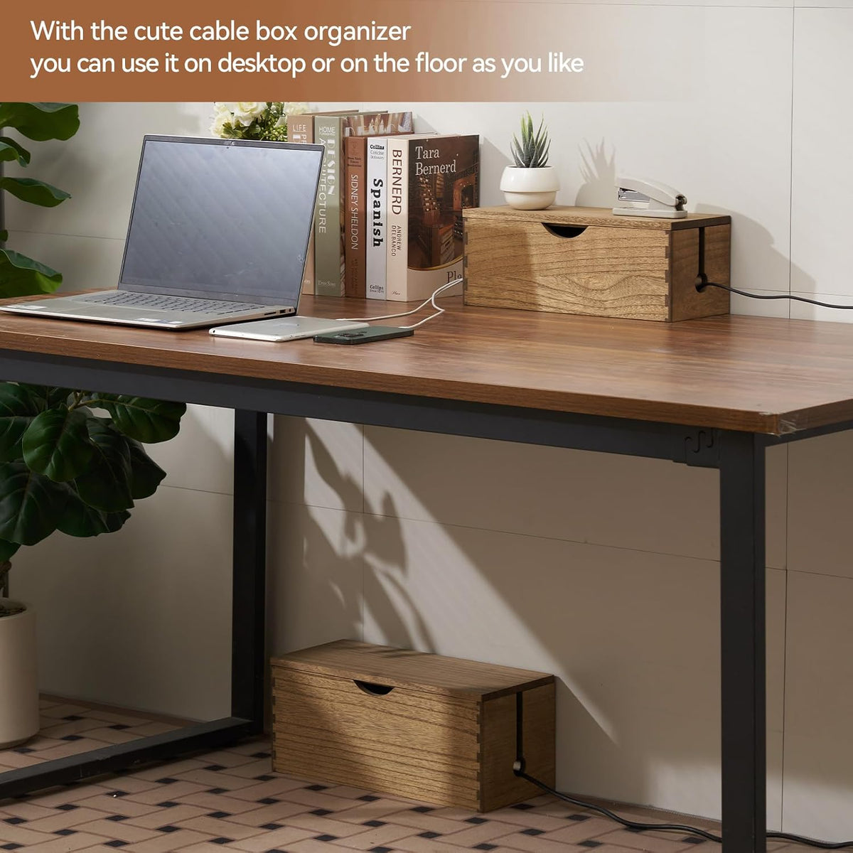 KIRIGEN Wooden Cable Management Box Set of 2, Cord Organizer, Brown