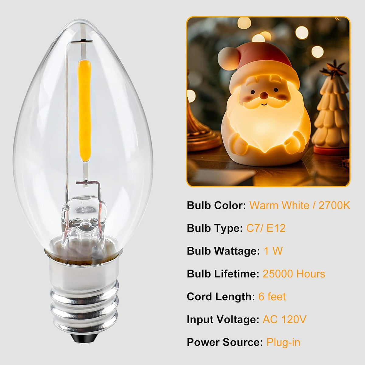 Accessory Cord with One LED Light Bulb - 6ft UL-Listed Cord with On/Off Switch, C7 LED Bulb for Christmas Village House Halloween Pumpkin Blow Mold, Ceramic Tree, Salt Lamp, Craft Project, 4 Pack