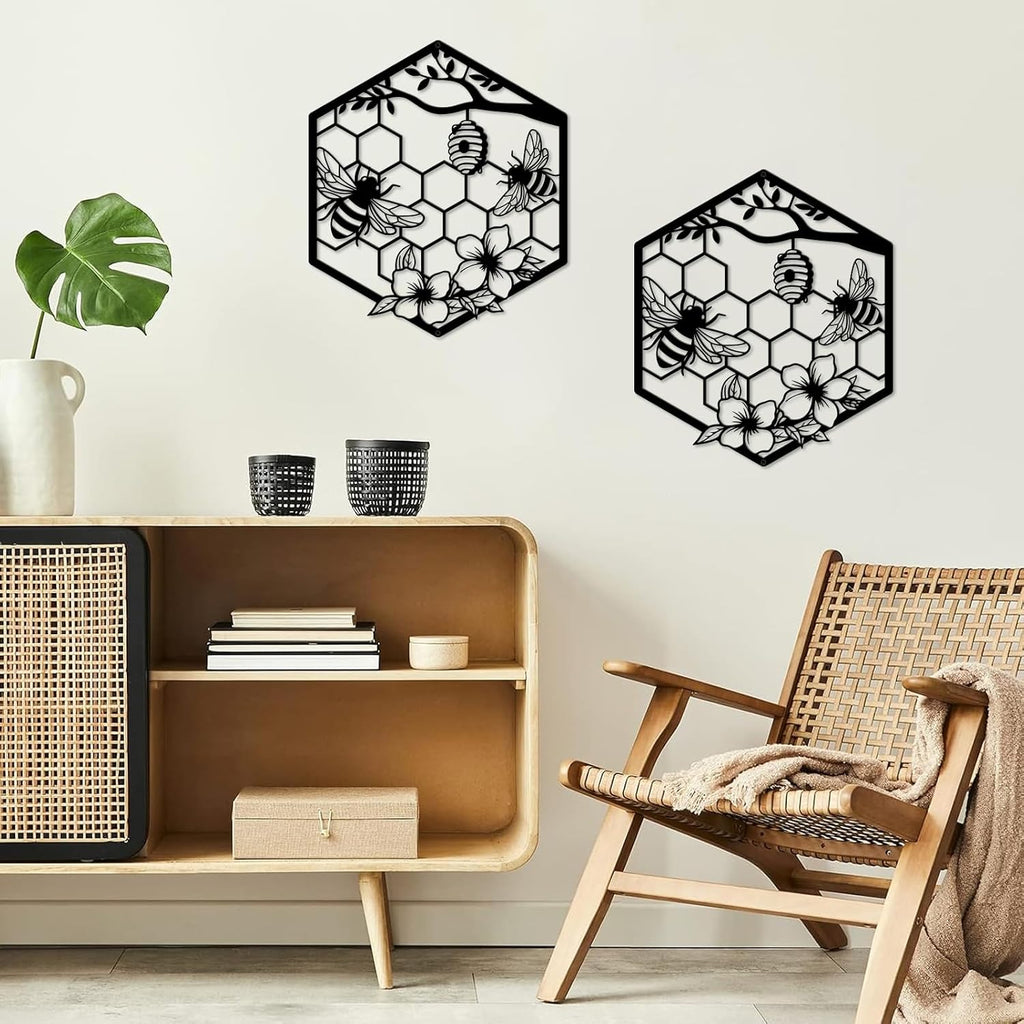 ruelen Metal Bee Wall Art - Farmhouse Honey Bee and Hives with Flowers Metal Wall Decor for Living Room,Bedroom,Garden,Office Gardener & Bee Keeper (11.14x9.72in)
