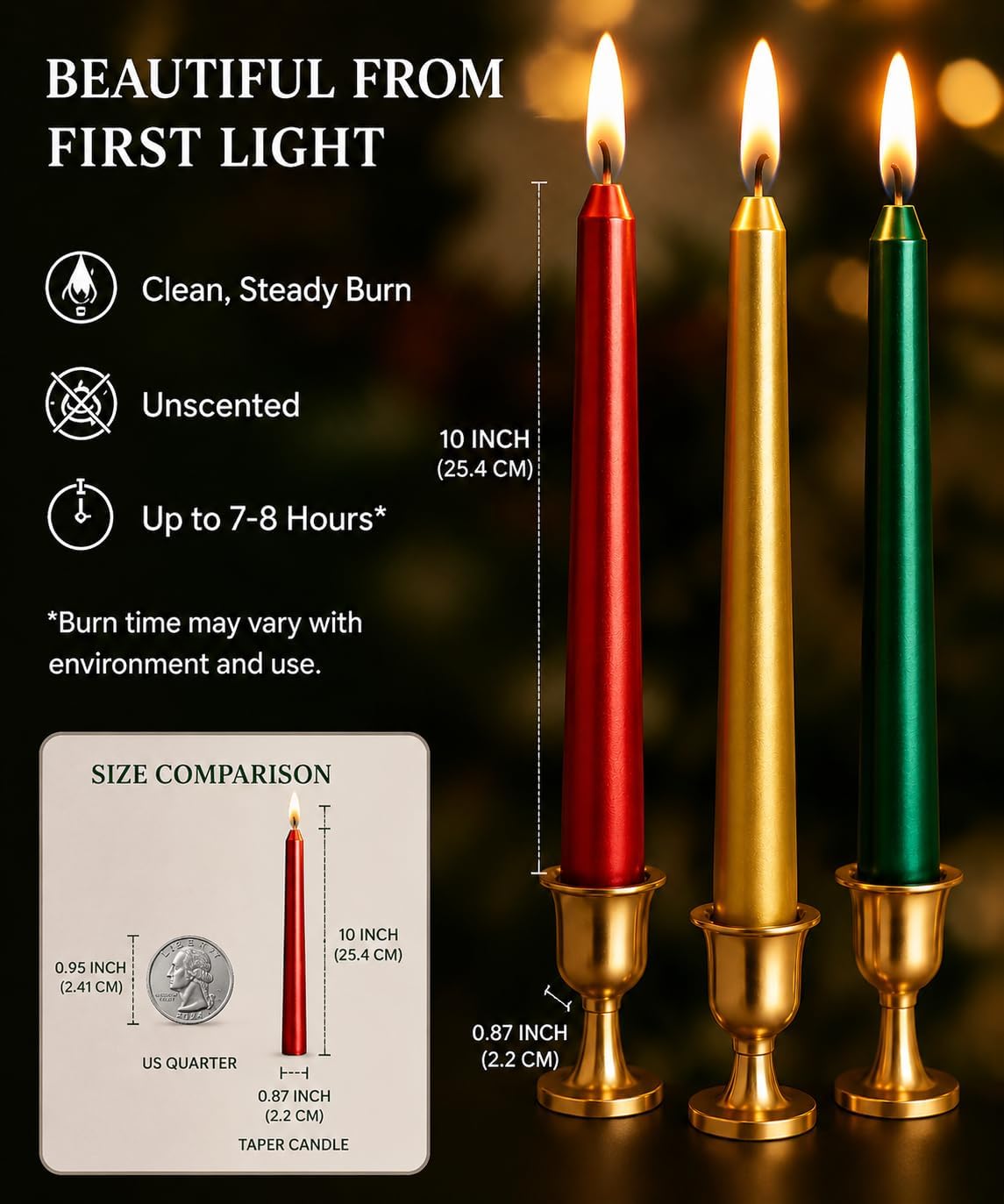 4 White 4 Red 4 Green 4 Gold 4 Silver 10 Inch Metallic Taper Candle
