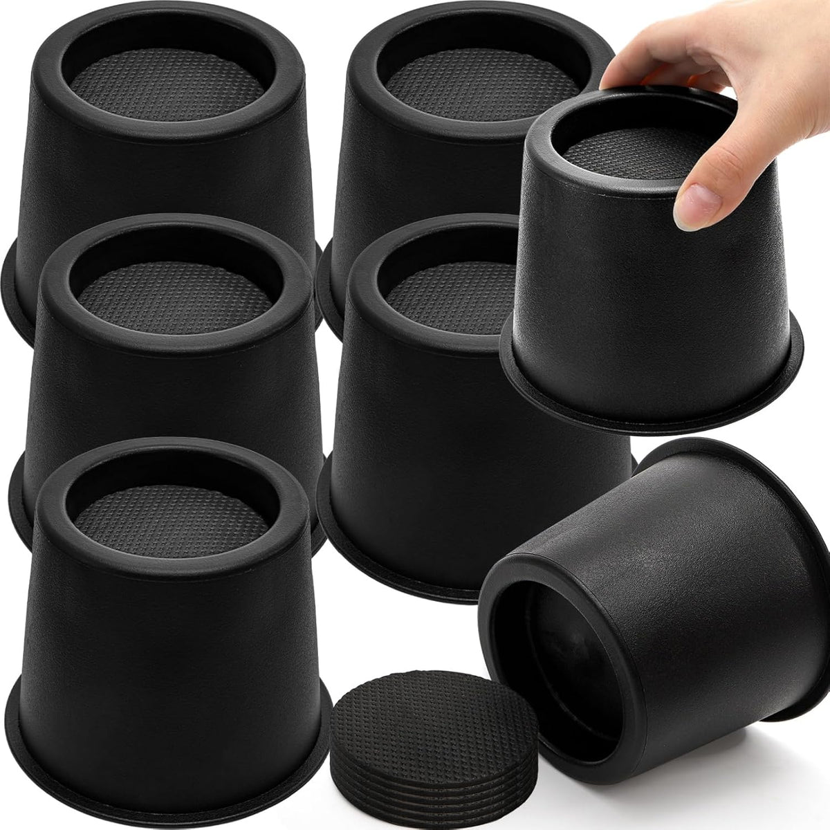Noamus 6 Pack Round Bed Risers, 4 Inch Furniture Raising Blocks, Black Lifts with Non-Slip Foam Pads, Heavy Duty Dorm Bed Frame Extenders for Desk Chair, Table Legs, Sofa Couch