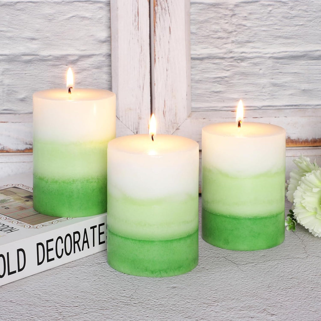 Pillar Candles 3x4 Inch Eucalyptus Scented Hand-Poured Layered Green Gradient Candle Long Lasting Clean Burn Candle for Home Scented Relaxation Spa Holiday Dinner Table Rustic Decor, 3 Pack