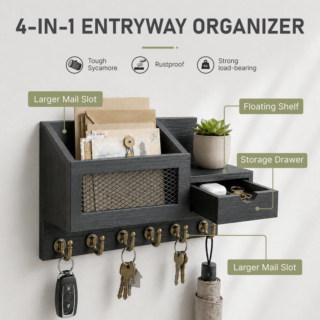 FifthQuarter Key Hooks for Wall with Drawer and 6 Sturdy Key Hooks, B-Black