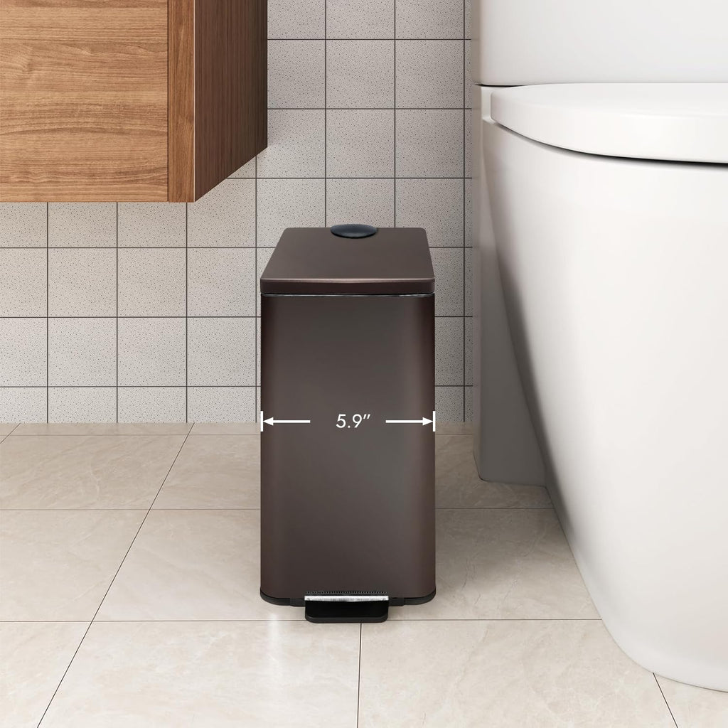 Stainless Steel Small Trash Can with Lid & Step Pedal - 6 Liters/1.6 Gallon Soft Close Garbage Can with Removeable Inner Bucket - Trash Cans for Bathroom, Bedroom, Kitchen & Office (Bronze)