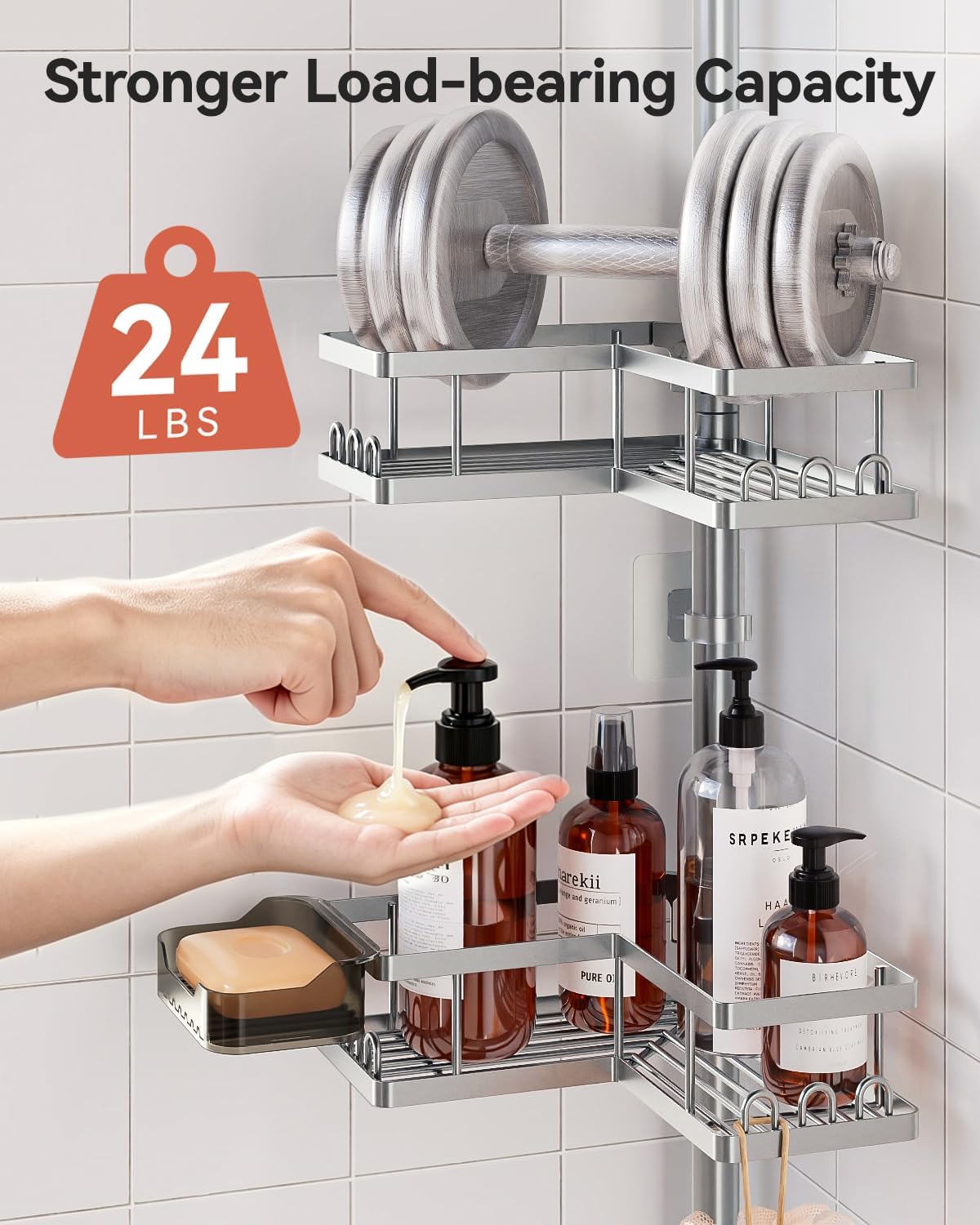 YASONIC Corner Shower Caddy Tension Pole, Adjustable Shower Shelves, Rust-Resistant Shower Organizer, No-Drill 3-Step Installation, Bathroom Shelves for Renters & Family, Silver