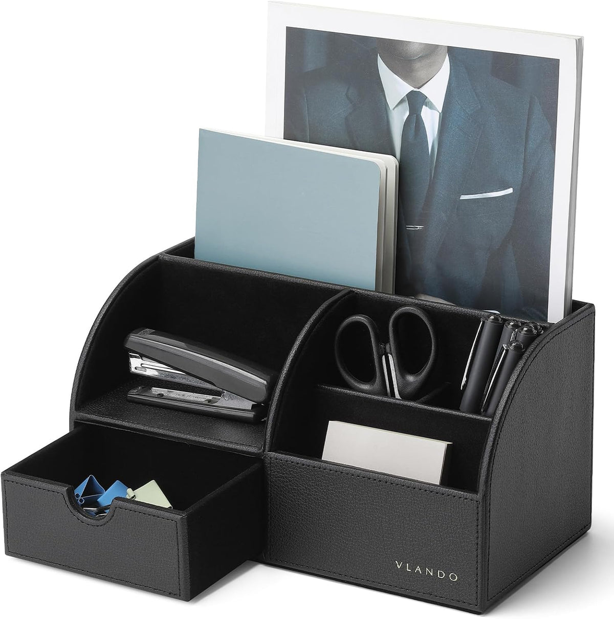 VLANDO Desk Organizer, 6-Compartment Faux Leather Desk Storage with Drawer