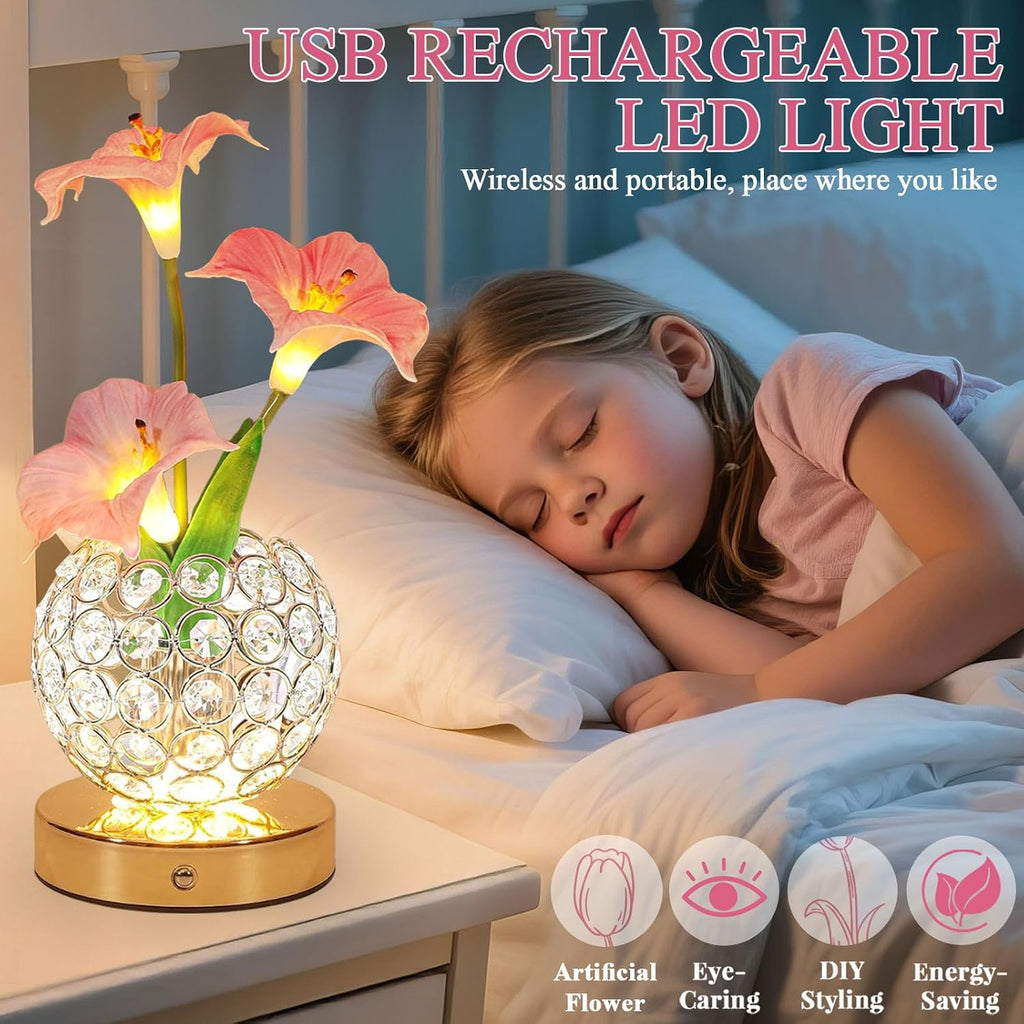 Flower Table Lamps, Rechargeable Cordless Desk Lamp, 3 Colors Dimmable Artificial Flowers Night Light, Morning Glory with Crystal Vase for Home Date Party Decoration (Morning Glory-Pink)