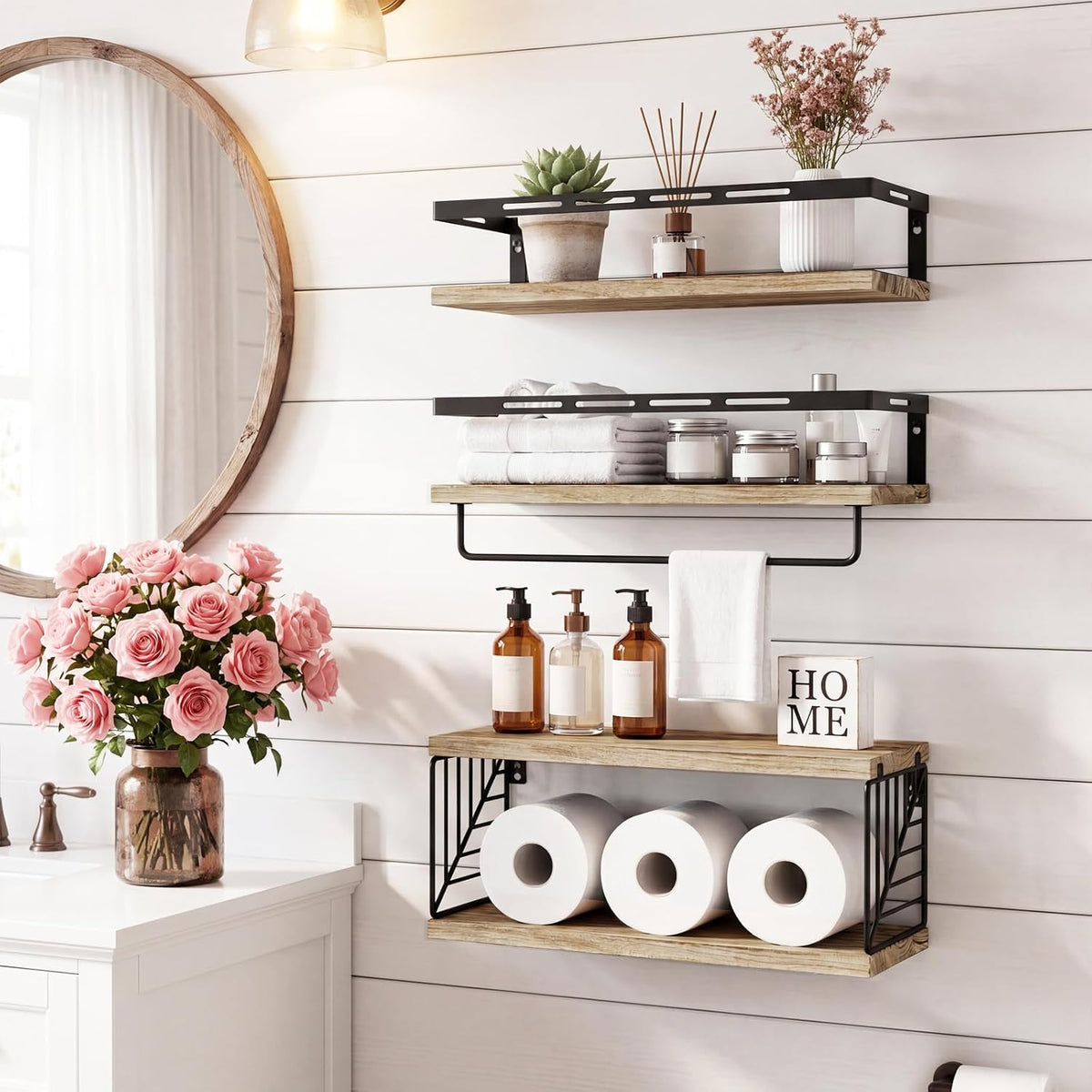Fixwal Wall Mounted Bathroom Shelves Over Toilet (3+1 Light Brown)