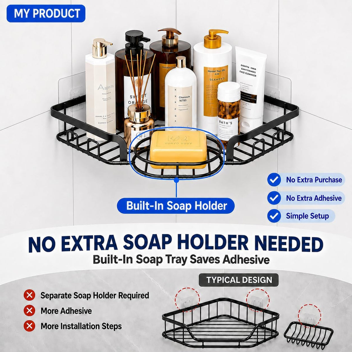Corner Shower Caddy, Rustproof Shower Organizer with Soap Holder and 8 Hooks, No Drilling Adhesive Shower Shelves for Inside Shower, Large Capacity Shower Rack for Bathroom Shower Storage, X-Large