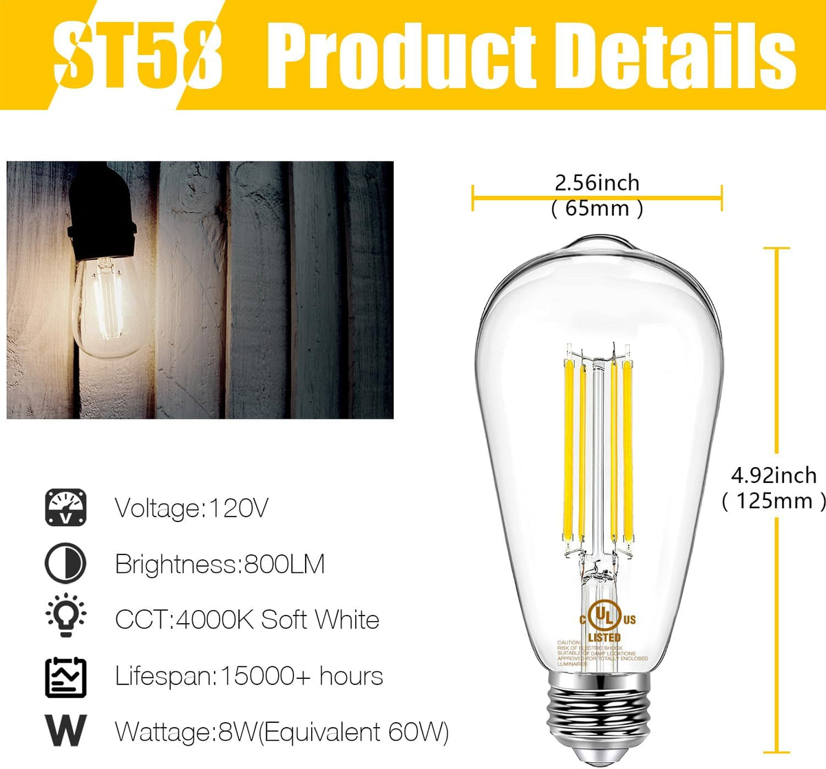 DAYBETTER 4 Pack Vintage LED Edison Bulbs, E26 Led Bulb 60W Equivalent, Dimmable Led Light Bulbs, High Brightness 800 LM Neutral White 4000K, ST58 Antique Filament Bulbs, Clear Glass Style for Home