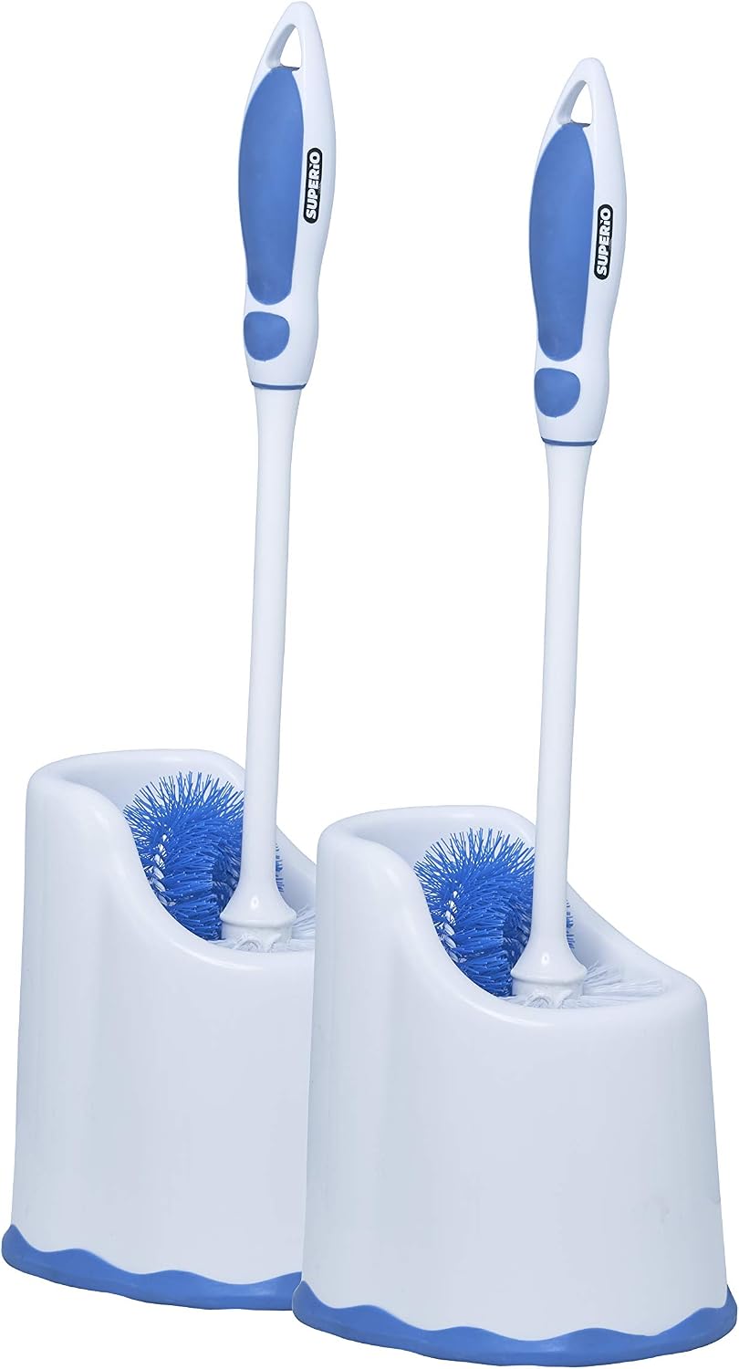 Superio Toilet Bowl Brush and Holder with Under Rim Cleaner for Bathroom, Toilet Brush and Caddy with Non Scratch Bristles and Under Rim Lip Brush, White and Blue (2 Pack)