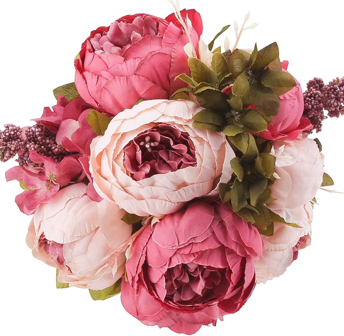 Silk Peony Bouquet Vintage Artificial Peonies Flower for Home Wedding Party Decor (1pcs, Dark Pink)