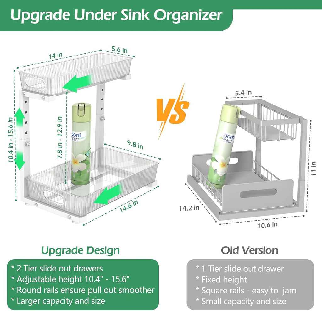 ADRIMER Under Sink Organizer 2 Packs, Pull Out Kitchen Sink Organizer, 2 Tier Slide Out Kitchen Organizers and Storage Bathroom Under Cabinet Storage Shelf, Transparent & White