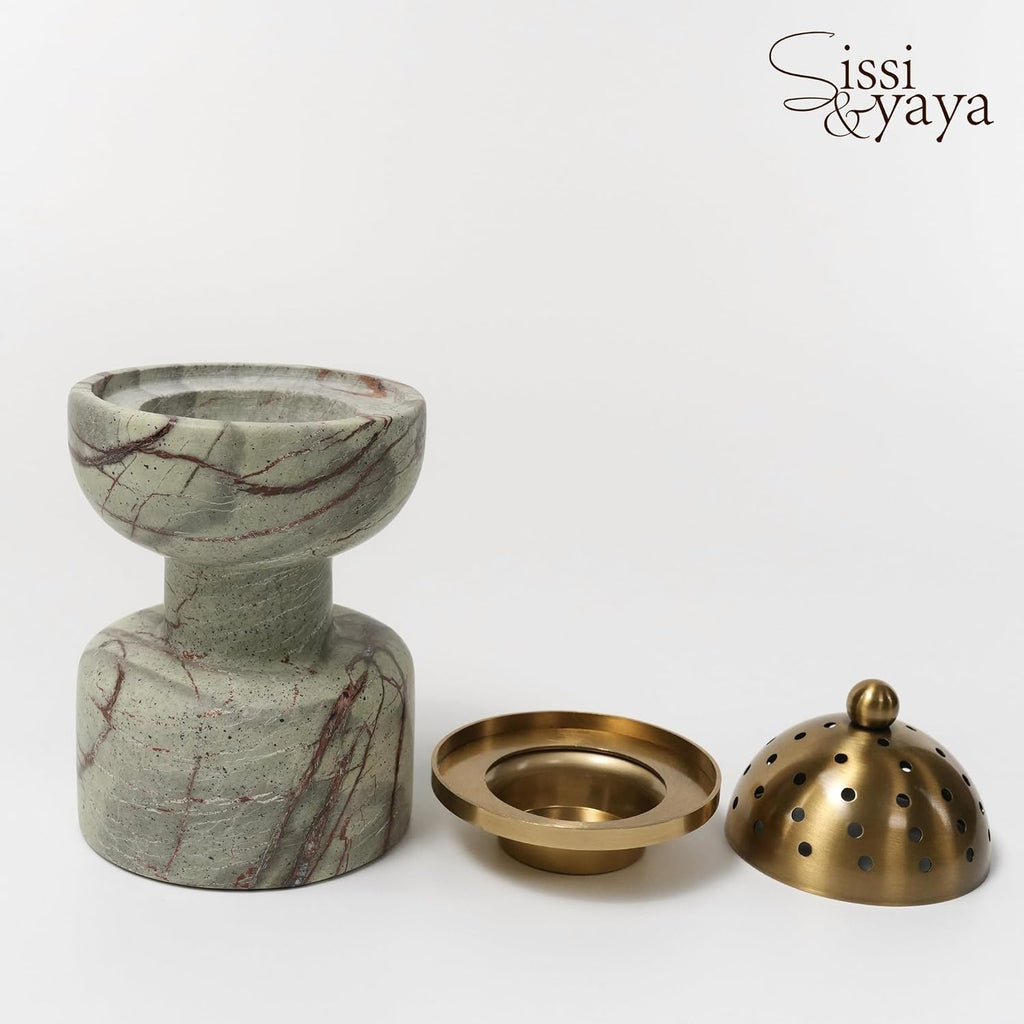 Natural Marble Incense Burner with Brass Accents 6.29 x 3.54 inches Multi-Purpose Holder for Cones/Sticks/Sage, Home Decor & Relaxation (Red Veins)