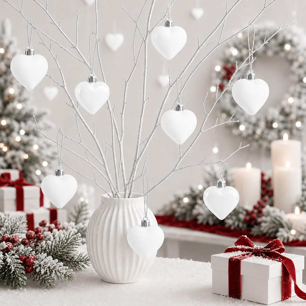 Set of 12 White Heart Ornaments for Christmas Valentine Tree Decorations, 1.8 inch Mini Valentines Ornaments for Small Tree, Heart Shaped Plastic Shatterproof Hanging Balls Holiday Party Decor