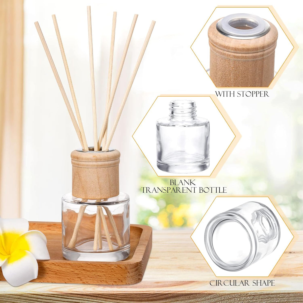 Roshtia 40 Set Reed Diffuser Bottle Empty Refillable Fragrance Glass Diffuser Bottles Set with Wooden Caps Sticks 50ml 1.7 oz Round Glass Jars for DIY Fragrance