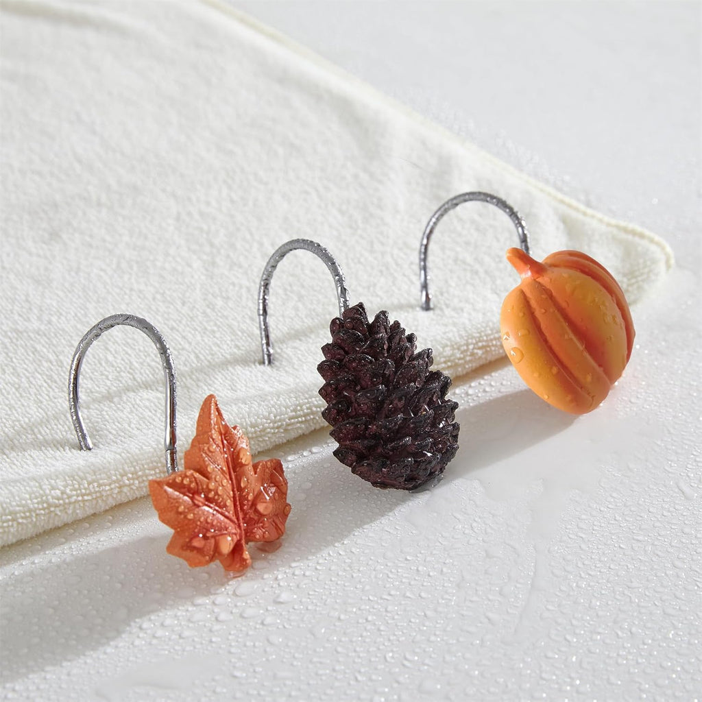 Estmy 12PCS Fall Autumn Shower Curtain Hooks Rings Fall Bathroom Decor Accessories Metal Rustproof Maple Leaf Pumpkins Pinecone Fall Leaves Thanksgiving Decorative Shower Hooks Rings for Curtains