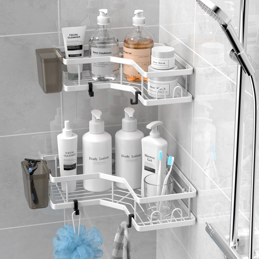 AKTECKE Shower Caddy Corner Organizer Shelf: 2Pack Adhesive Shower Essentials Accessories - No-Drilling Stainless Steel Bathroom Storage Rack with Hooks