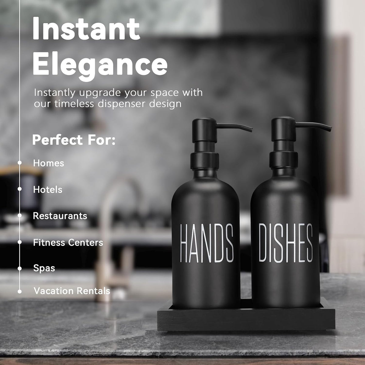 Black Soap Dispenser Set， Hand Soap Dispenser and Dish Soap Dispenser for Kitchen， Glass Kitchen Soap Dispenser Set with Pump， for farmohouse Kitchen Counter Décor