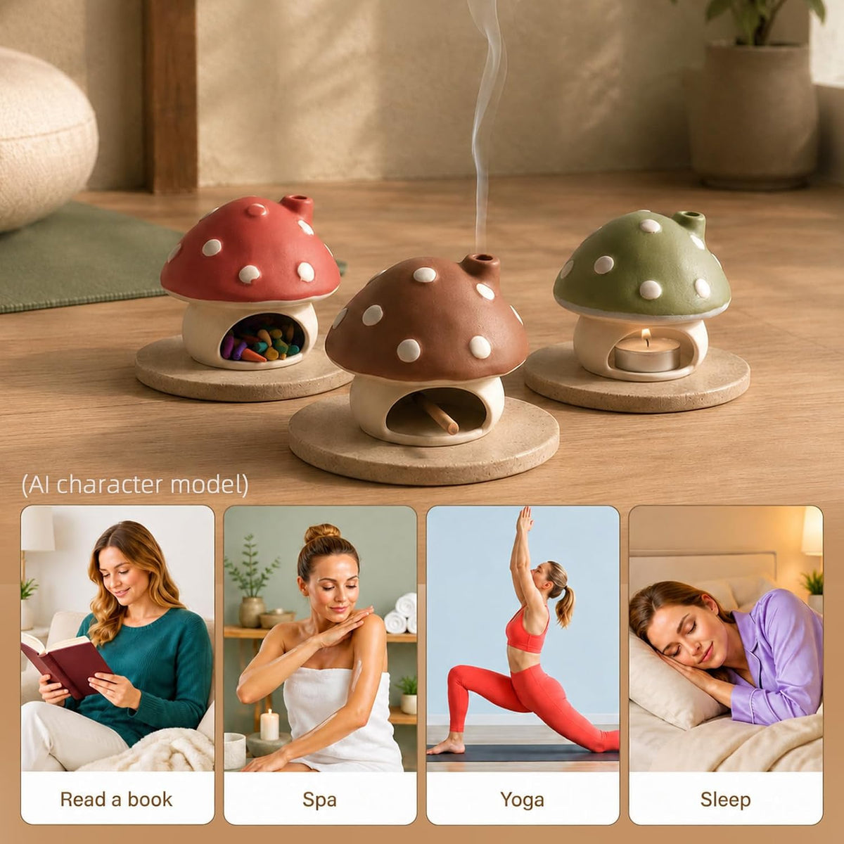 Ceramic Mushroom Incense Burner for Sticks, Cones and Palo Santo