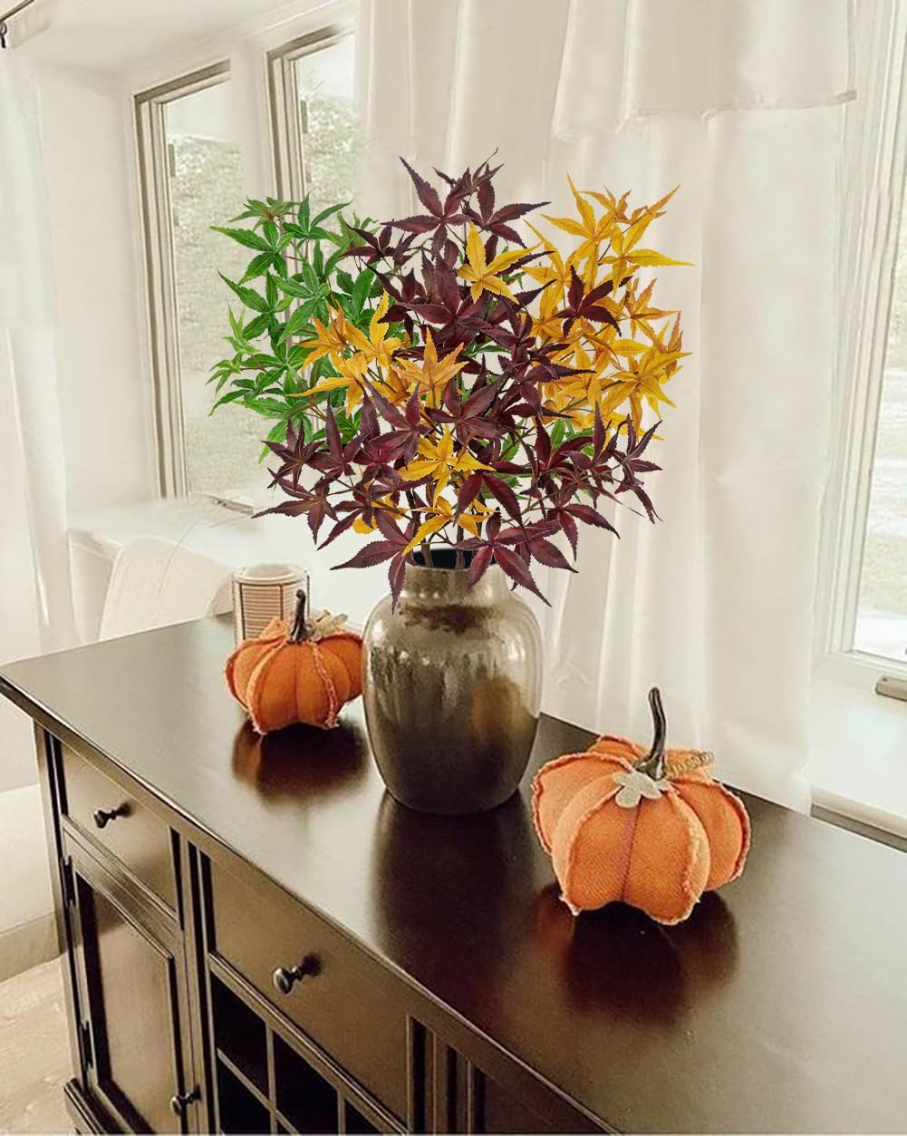 Hollyone 3Pcs Artificial Japanese Maple Leaves Branches 31.5'' Fake Fall Leaves Stems Plants Faux Maple Leaf Bushes Shrubs for Home Decor Thanksgiving Festival Party Autumn Decorations Mixed Color