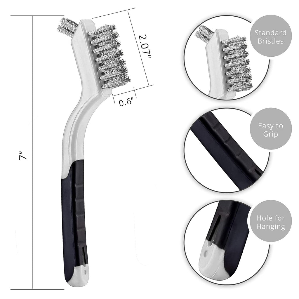 Lavaxon Wire Brush Set 3Pcs - Nylon/Brass/Stainless Steel Bristles with Curved Handle Grip for Rust, Dirt & Paint Scrubbing with Deep Cleaning – 7 Inches (Grey)