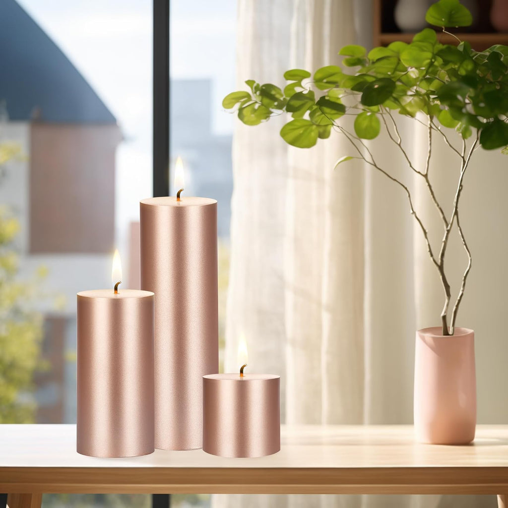 Mega Candles 6 pcs Unscented Solid Rose Gold Pillar Candles, Hand Poured Premium Wax Candle 3 Inch x 9 Inch, Home Décor, Spas, Weddings, Occasions, Party, Centerpieces, Holidays, Vigils, Prayers