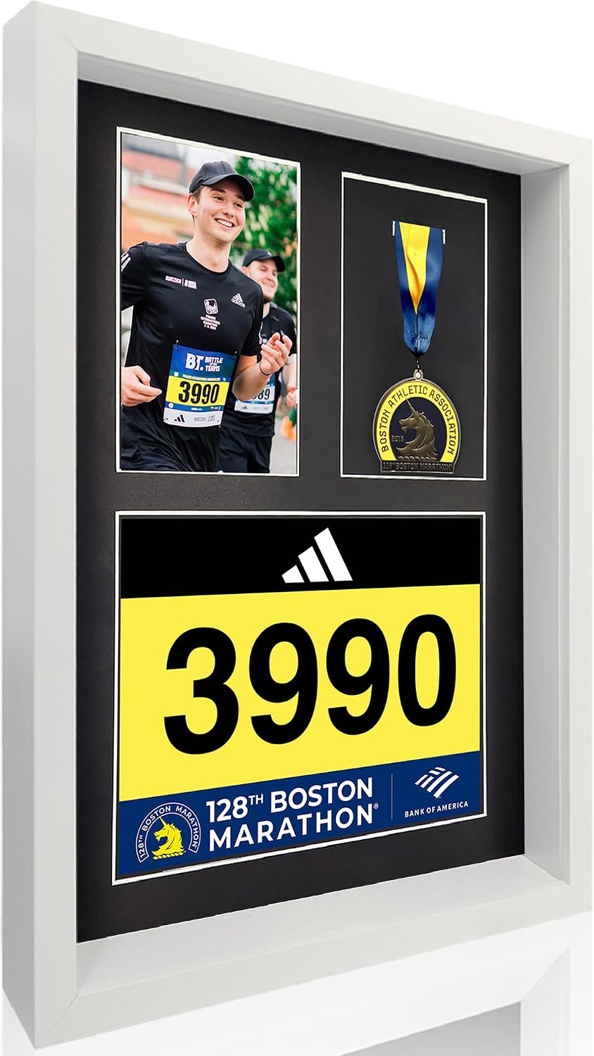 3-in-1 Shadow Box Display with Real Glass (Medal, Race Bibs, and Photo Display) – Marathon Medal Display and Frame, Triathlon & Running Bib Holder, Wall-Mounted, Real Tempered Glass- White