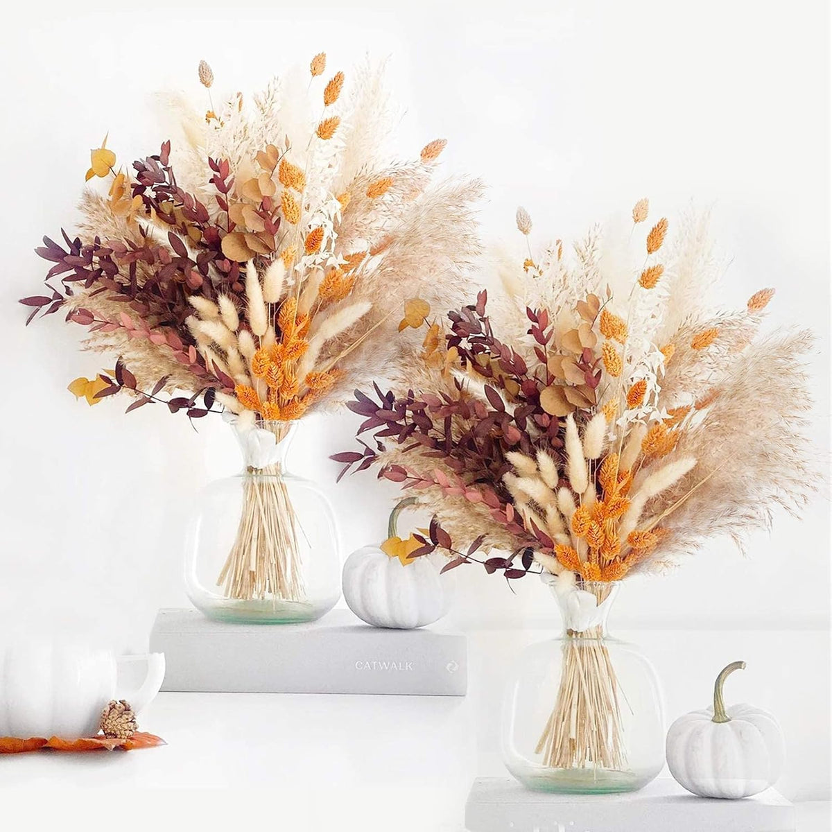 HUMINBO Fall Decor Autumn Decorations for Home - Boho Flowers Orange Pampas Grass Decor Fluffy Dried Flower Bouquet Dry Pompas 17"-95-Pcs Pompous (2 Pack)