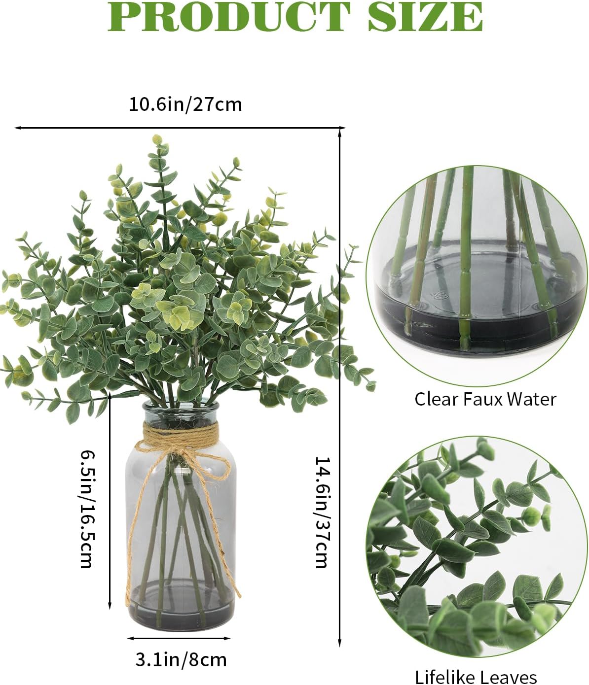Coferset Fake Eucalyptus Stems in Glass Vase with Faux Water,Gray Vase