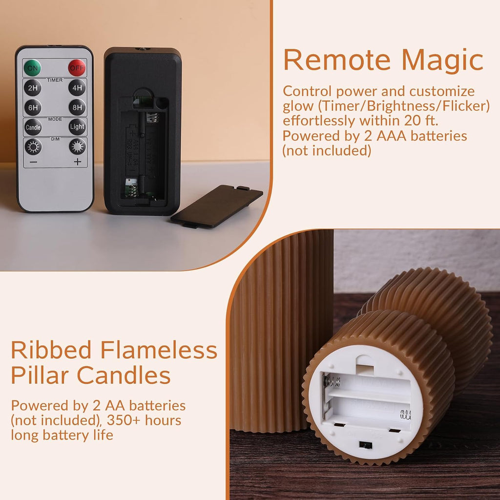 Brown Ribbed Fall Flameless Pillar Candles with Remote Set of 2