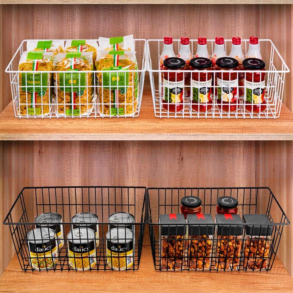 SANNO Freezer Basket Organizer, Refrigerator Metal Wire Storage Divider, Household Container Bins with Handles for Kitchen, Bathroom, Office, Camping, Black,Set of 4