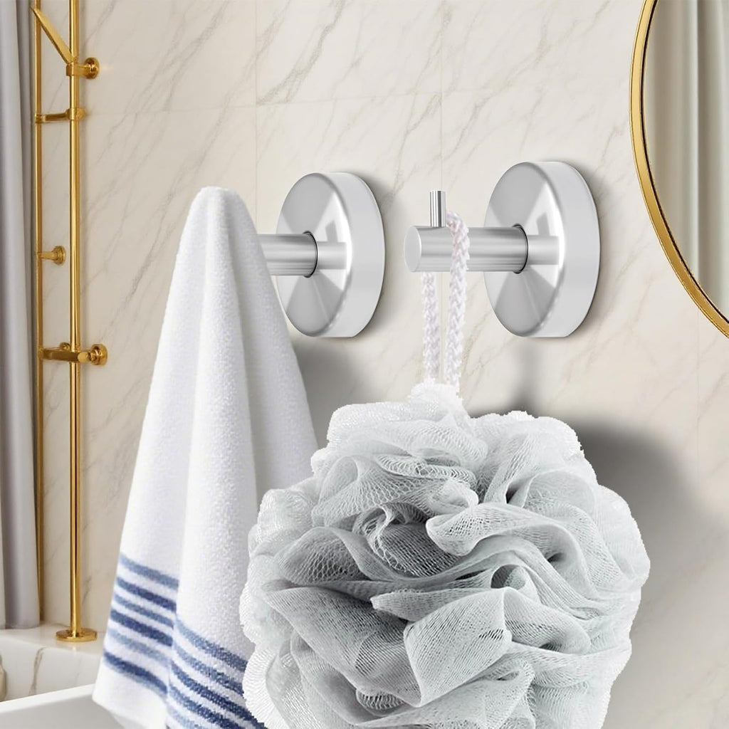 4 Pcs Silver Suction Cup Towel Hooks, Stainless Steel Bathroom Shower Hooks, No Drill Heavy-Duty Bathrobe Suction Wall Hooks,Strong Holder for Hanging Towel, Robe, Coat - Waterproof & Rustproof