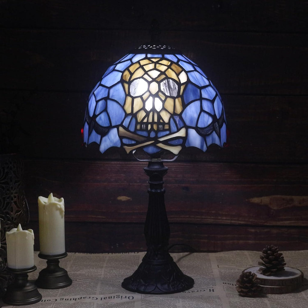 Tiffany Style Table Lamp,Stained Glass Skull Desk Lamp(8x8x15inch)