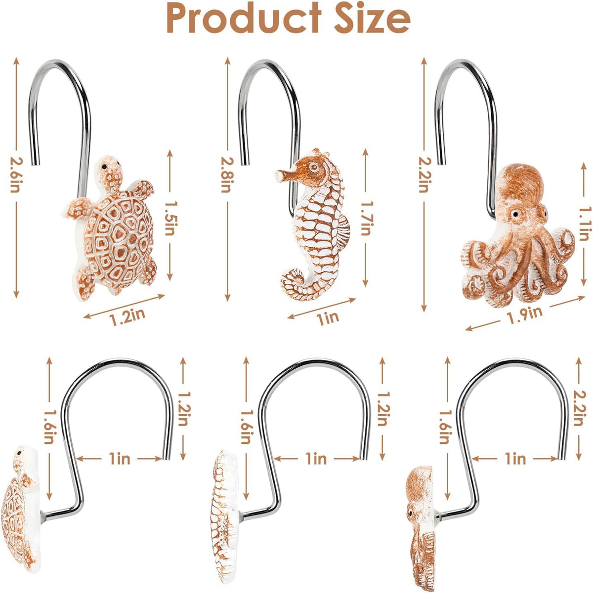 Seashell Shower Curtain Hooks, 12Pcs Decorative Anti-Rust Shower Hooks, Coastal Style Curtain Hooks for Bathroom Nursery Bedroom Living Room Decoration (Turtle Starfish Octopus)