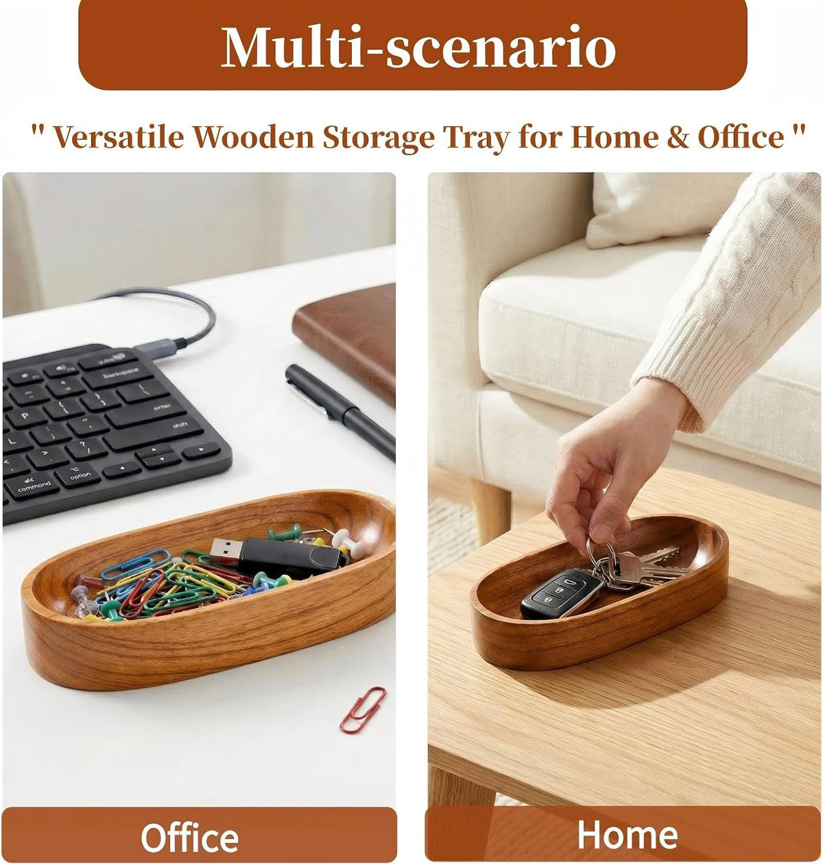 4 Pack Decorative Oval Wood Bowl, 7 Inch Long Handcrafted Wooden Boat Bowl, Small Entryway Catchall Tray Holder for Snack, Sauce, Jewelry, Ring, Key, Remote, Home Decor, Table Centerpiece
