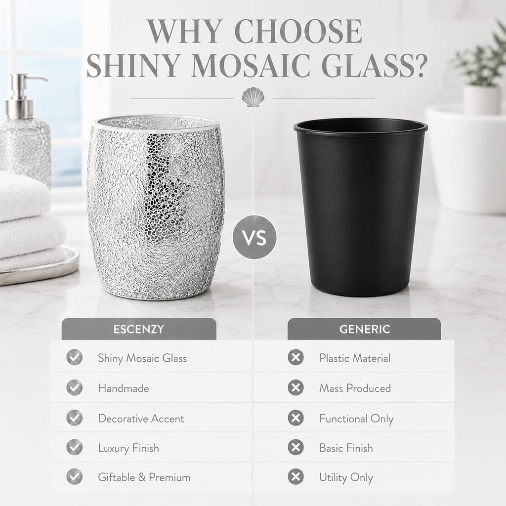Escenzy Silver Bathroom Trash Can, Handmade Mosaic Glass 1.3 Gal / 5L | Decorative Waste Basket for Bathroom, Bedroom, Office | Luxury Silver Glitter Bathroom Decor | Glam Home Decor Gift