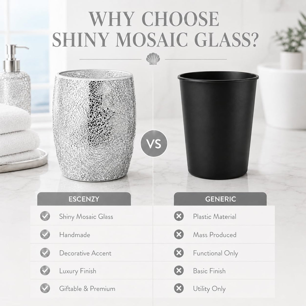 Escenzy Silver Bathroom Trash Can, Handmade Mosaic Glass 1.3 Gal / 5L | Decorative Waste Basket for Bathroom, Bedroom, Office | Luxury Silver Glitter Bathroom Decor | Glam Home Decor Gift