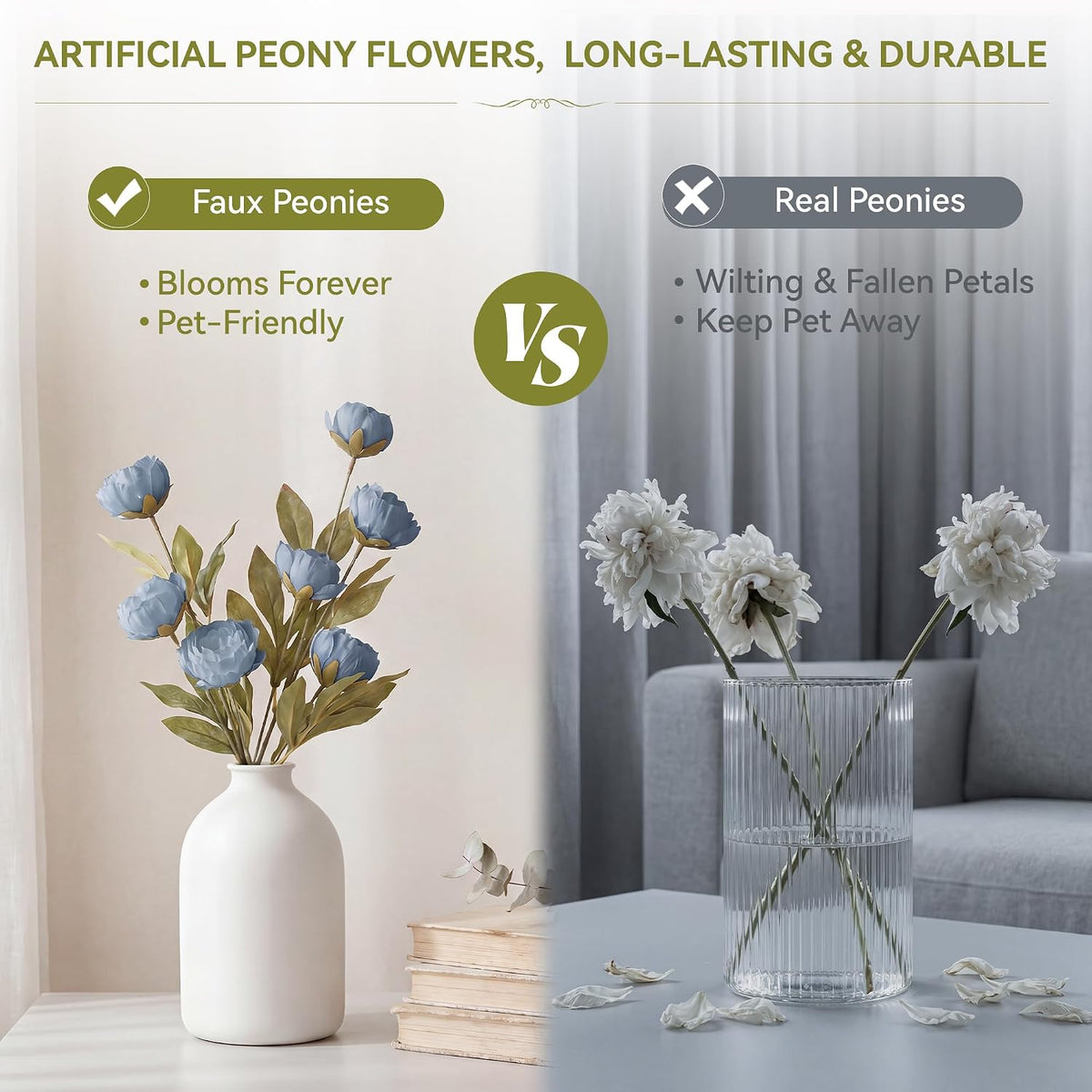 Pinkpum 12 Pcs Faux Silk Peony Artificial Flowers for Vase Decor Blue
