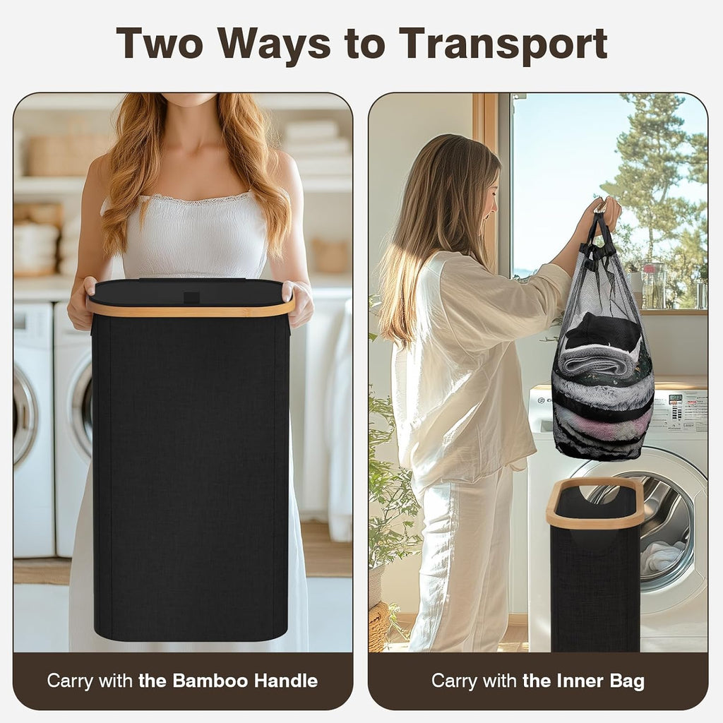 Bathola Slim Laundry Hamper with Lid, 75L Small Laundry Basket, Black