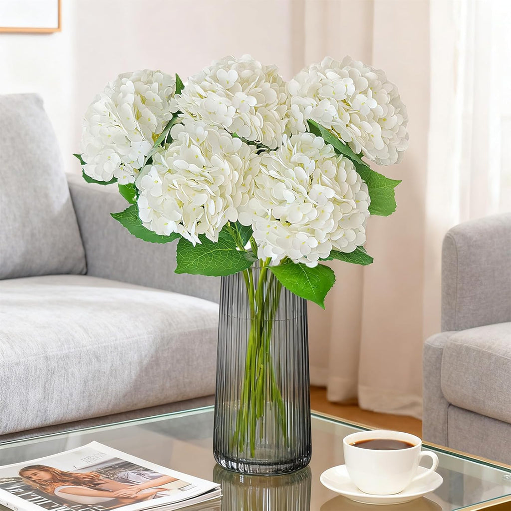 6 Pcs Real Touch White Hydrangea Artificial Flowers with Stems, Fake Silk Flowers for Outdoors, Artificial Flowers for Home Decor Wedding Bouquets Centerpieces Vase