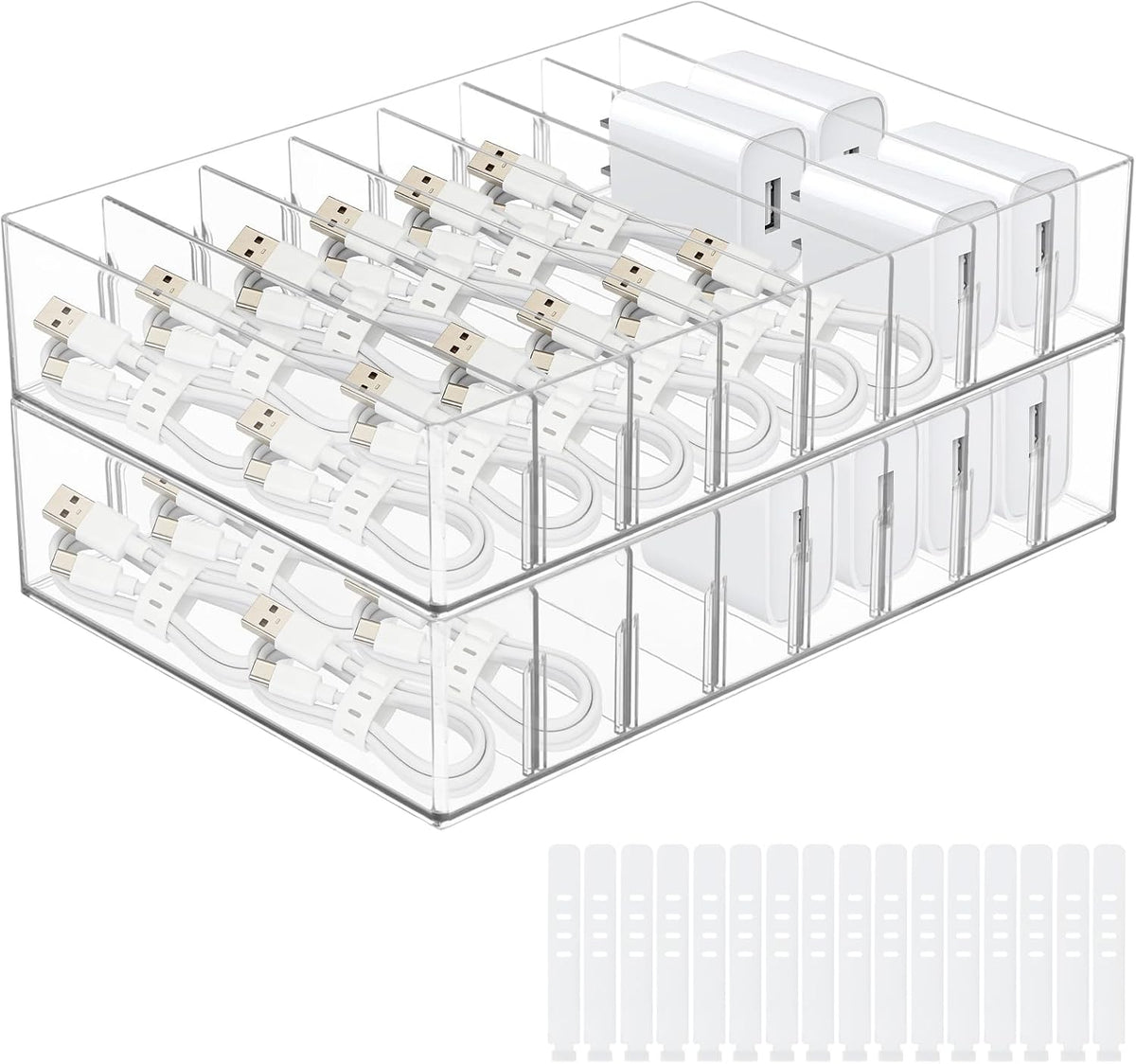 2Pcs Cable Charger Organizer Box with 16Pcs Wire Ties Large Plastic Cords Storage Organizer with Adjustable Compartments Electronics Organizer Stackable Cord Storage Box for Drawer Home Office, Clear