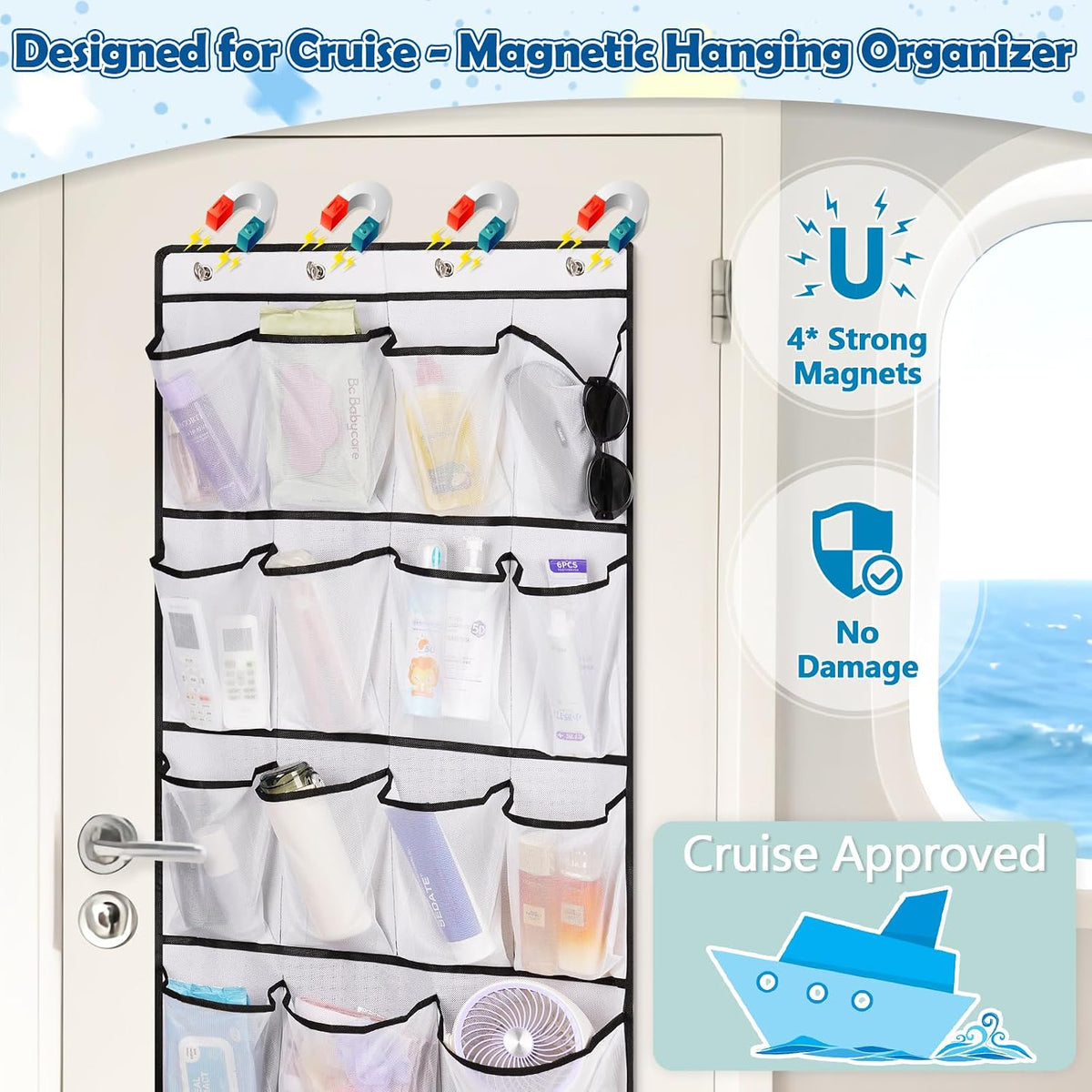 Over The Door Cruise Ship Organizer with 21 Size-Graded Pockets White